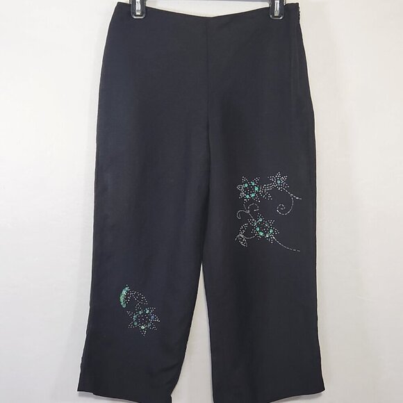 Larry Levine Women 8P Black Linen Blend Floral Beaded Crop Pant Side Zip Casual - Picture 10 of 16